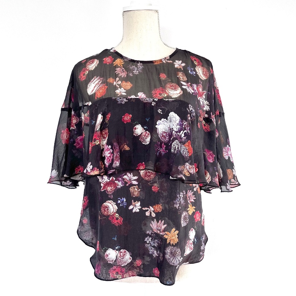 Anthropologie Adria Moss Black Floral Short Sleeve Silk Blouse